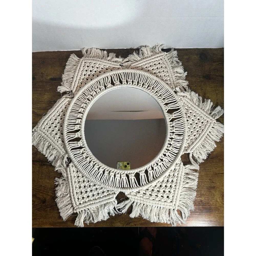 Boho Macrame Wall Mirror Round Fringe Woven Cotton Decor 20” Handmade Chic Home
